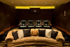 Rear of a home theater: curved suede sofa with cushions in front of a raised row of leather recliners and the projector port