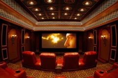 Home theater with a lattice-painted ceiling cove, coffered center, arched wall niches and red leather recliners