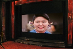 Theater screen showing a test image, with a tripod in front and red wood-grain columns