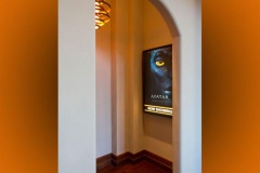 Arched hallway with a lit movie poster box and a spiral pendant light