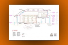 Home theater elevation drawing: section through the room showing ceiling, wall panels and construction heights
