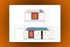 Home theater wall elevations with arched panels, sconces and seated figures for sightlines