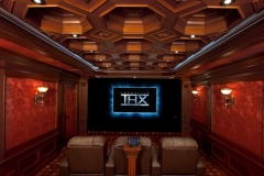 Front of the THX Certified screening room: screen between wood columns under an octagonal coffered ceiling